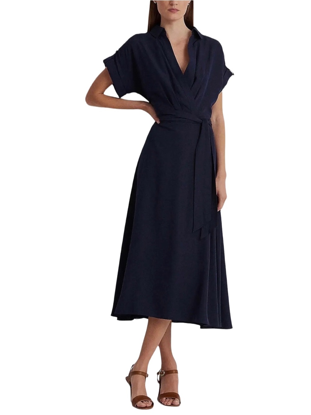 Lauren Ralph Lauren Women Navy Blue Crepe A-Line Dress Collared V-Neck Sz 14 NWT